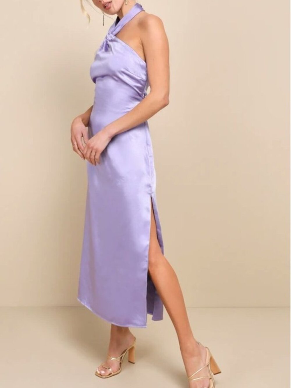 Lulus Perfectly Sleek Light Purple Lavender Satin Halter Midi Dress Small New - Picture 2 of 8